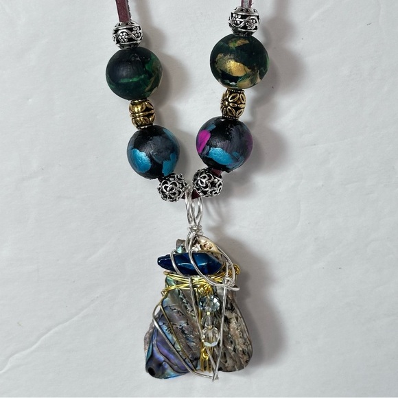 Handcrafted Abalone Shell Pendant Assemblage Art Mixed Media Necklace Leather - Picture 4 of 11